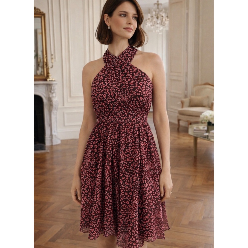 J. Crew Collection Silk Halter Neck Leopard Print Midi Dress Sz 8 Preppy Elegant